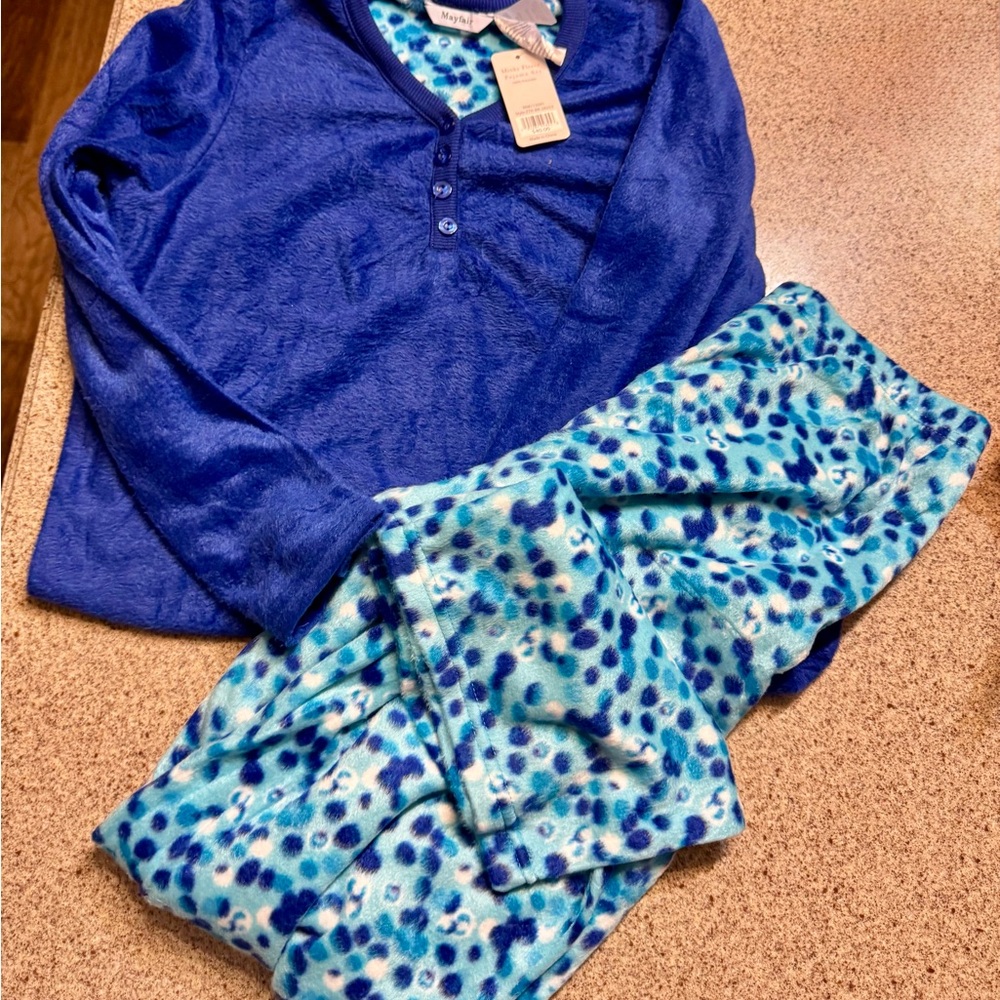 Royal Blue Pajama Set with Vibrant Patterned Bottoms